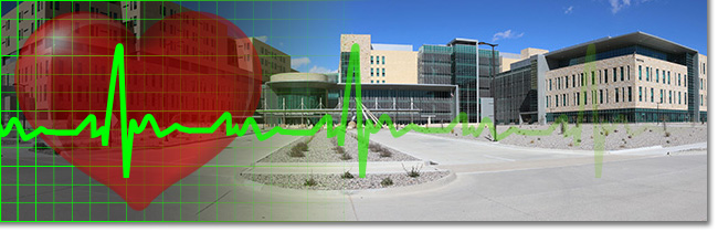 New hospital panoramic view with heart and pulse graphic